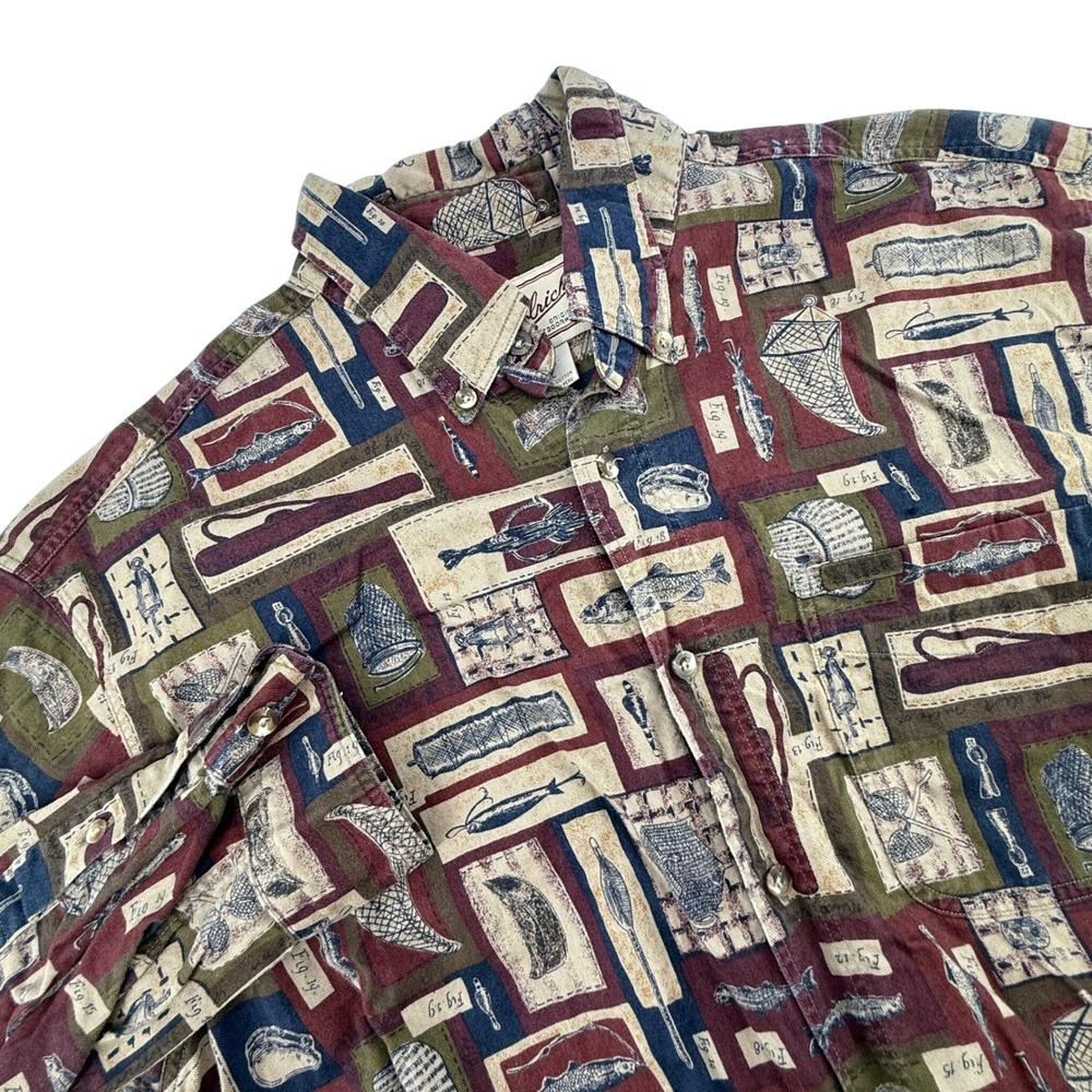 Vintage Woolrich Mens Long‎ Sleeve Button Up Shirt Size L Fishing Print Casual